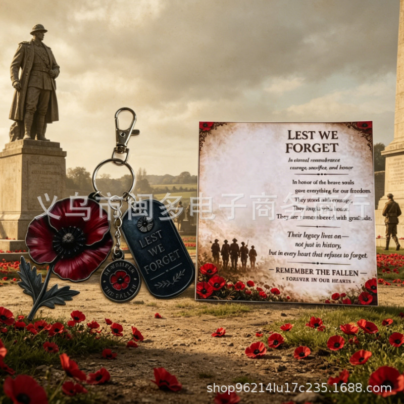 Cross-Border Best-Selling Retro Poppy Flower Commemorative Keychain Lest We Forget Veterans Commemorative Keychain