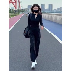 人気スポーツスーツ春と秋の新商品の半開襟純色カバーの頭がやせて見える長袖の上着の2セットの女性