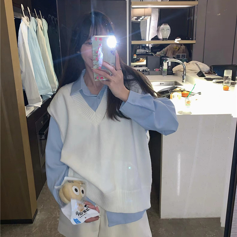 クラインブルー無地セーターベストニットジャケット女性の秋冬 2025 新しいアウター v ネックトップ|undefined
