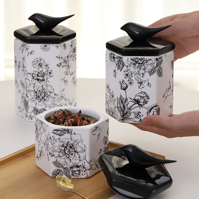 Medieval Style Flower and Bird Ceramic Jar Home Kitchen Storage Jar Sealed Jar Living Room Candy Jar Storage Container Ornaments