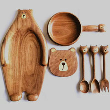 日式可爱小熊木头勺子美食胡桃木家用餐具盘动物手工砧板甜品新款