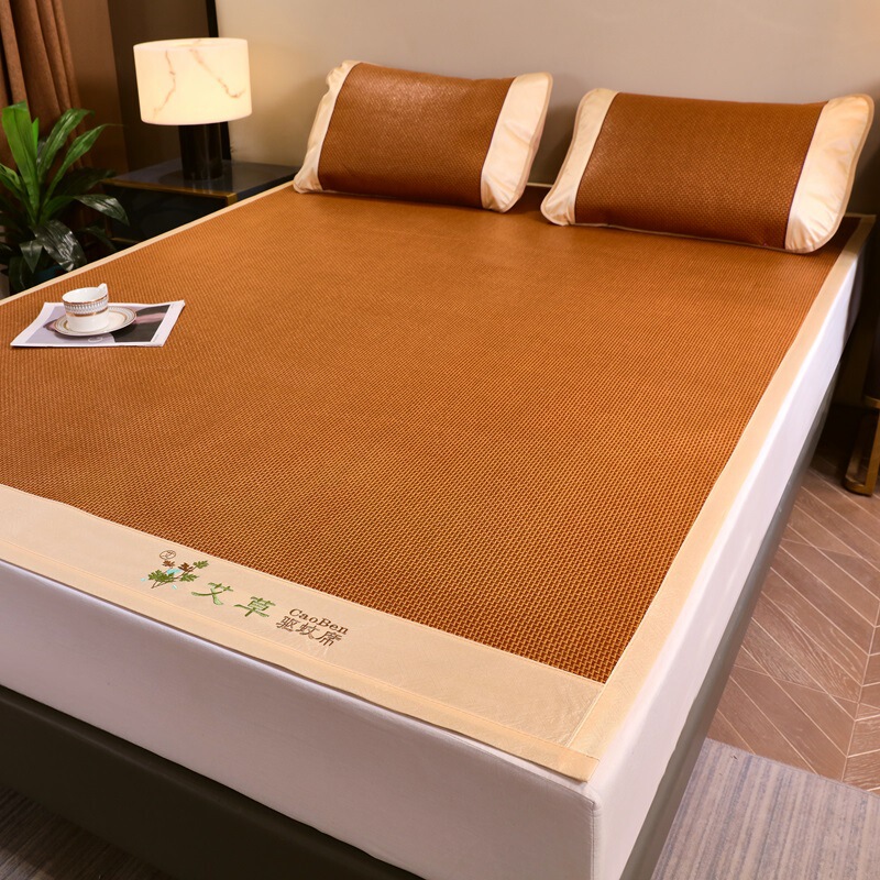 2025 New Mugwort Embroidery Double-Sided Mosquito Repellent Rattan Mat - Front Rattan Mat Cooling Mat Three-Piece Set