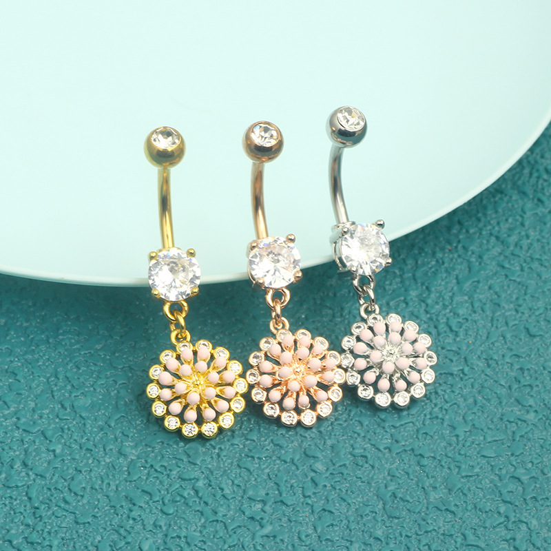Rose Gold Stainless Steel Navel Ring Chrysanthemum Dangle Belly Button Piercing Jewelry for Men Women detail image 7