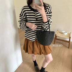 韩系条纹撞色点子纱长袖圆领针织开衫女2025秋季通勤百搭毛衣外套