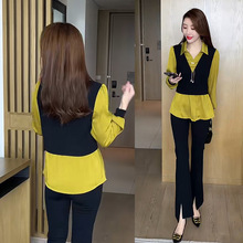 衬衫女长袖2023秋装新款设计感假两件上衣洋气质显瘦韩版拼色衬衣