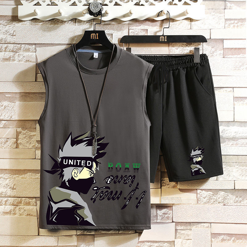 Deportes y ocio hombres traje de verano nueva juventud suelta más cuello redondo chaleco shorts set guapo partido