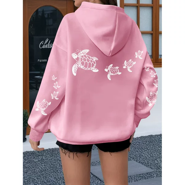 Women's Turtle Pattern Hoodie Casual Drawstring Long Sleeve with Kangaroo Pocket Casual Polyester Sweatshirt Plus Size