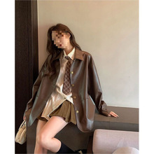 小香风皮衣外套女2025春秋新款韩系复古咖色长袖宽松显瘦pu皮咖色