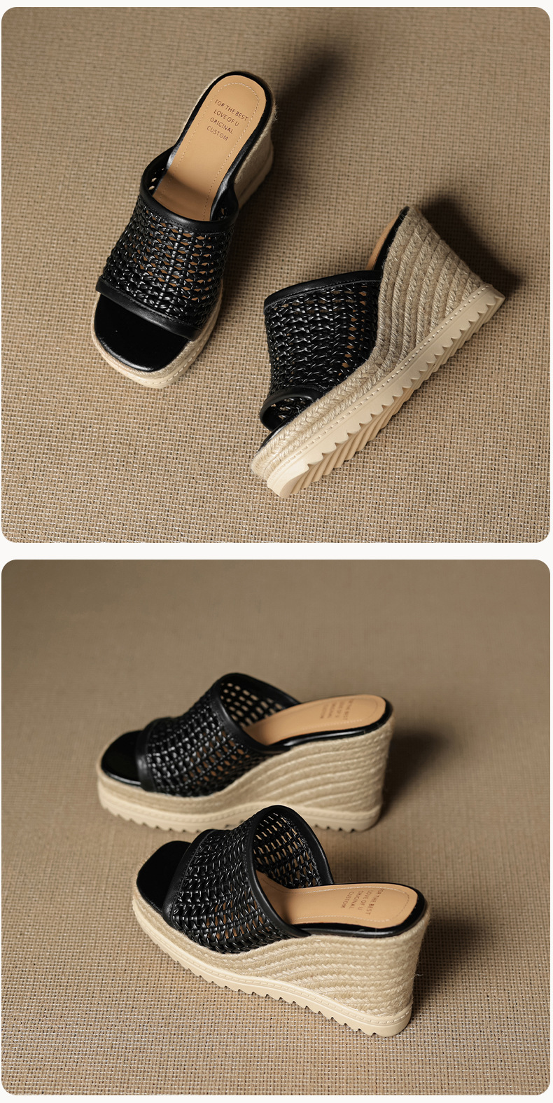 Sandal cao gót nữ mũi vuông đế rơm gót 10 cm — màu đen, màu trắng chi tiết 22