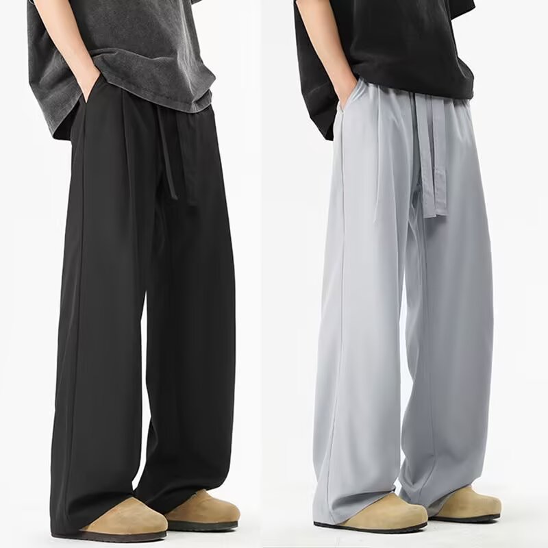 Men's Casual Long Pants with Drape, Thin Ice Silk Summer Dress Pants, Air Conditioning Pants, Straight Loose Slimming Quick-Dry Pants