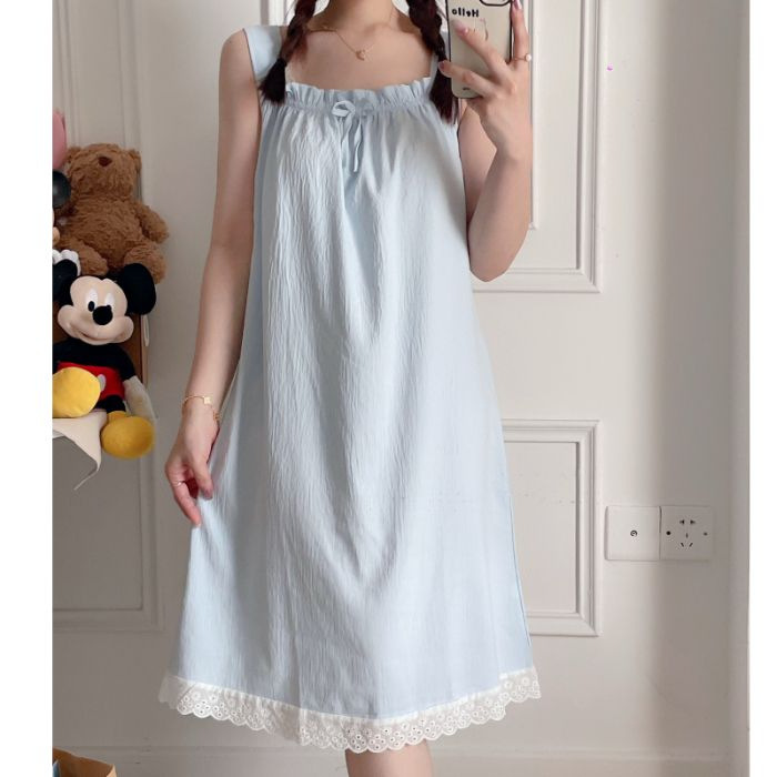 Camisón de tirantes de hilo de algodón de nubes de verano para mujer, ropa de hogar de color sólido largo de verano para niña, pijamas holgados y cómodos, estilo delgado