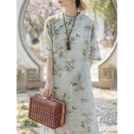 春夏季新款复古棉麻旗袍裙大码文艺立领五分袖连衣裙