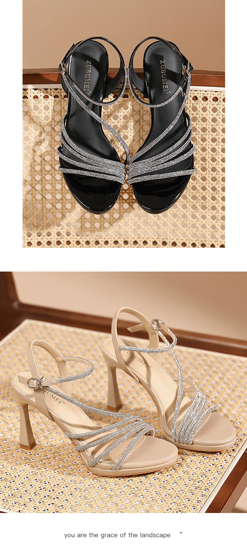 Sandal cao gót nữ mũi nhọn quai ngang đính đá, gót 9 cm, đế platform — Màu nude-9cm chi tiết 8