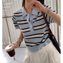 现货厂家批发 新款 撞色条纹天丝短袖针织衫女T恤正肩polo衫上衣