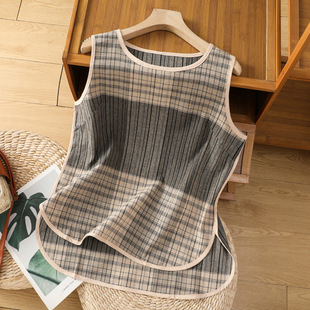 Cotton and Linen Plaid Vest for Women in Summer, Thin, Loose, Outer Wear, Sleeveless Vest Top, Retro Round Neck Bottoming Shirt