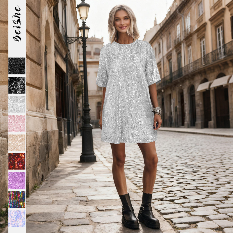 European and American Style Hot-Selling V-Neck Sequin Dress, High-End Fashion Loose-Fitting Reversible Versatile Summer Dress European and American Style Hot-Selling V-Neck Sequin Dress, High-End Fashion Loose-Fitting Reversible Versatile Summer Dress