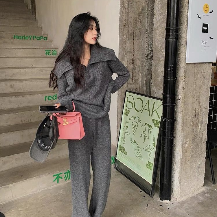 慵懒风秋冬加厚翻领麻花毛衣女针织阔腿裤高腰直筒时尚休闲套装
