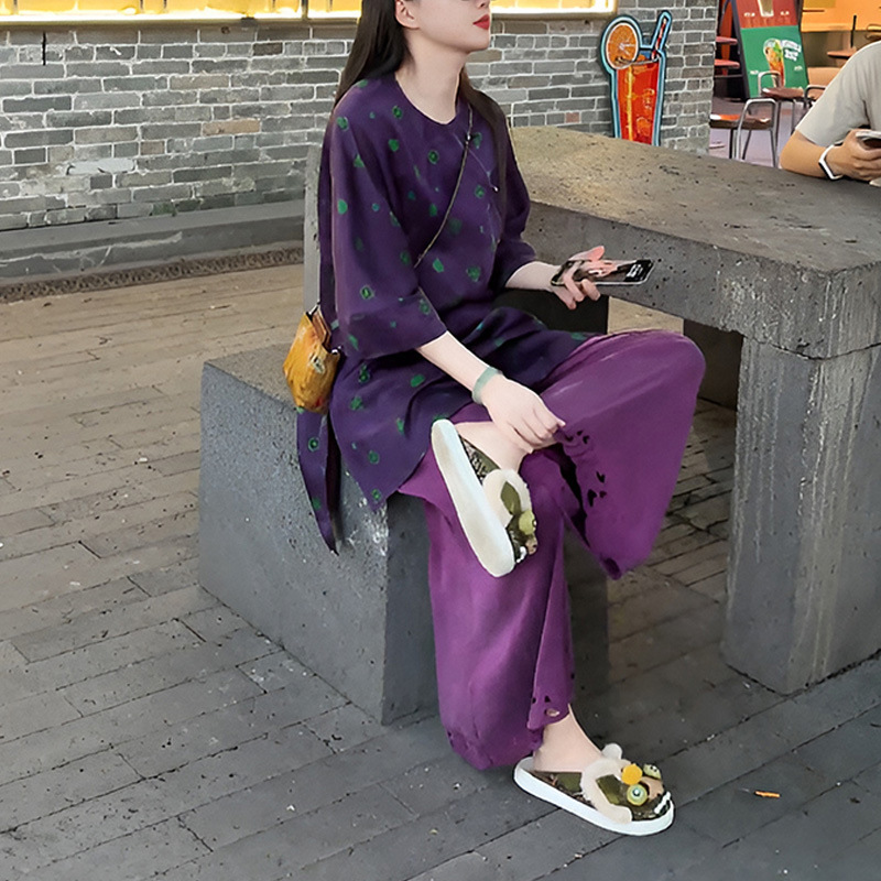 复古新中式国风套装2025夏季宽松显瘦紫色碎花上衣阔腿裤两件套女|undefined