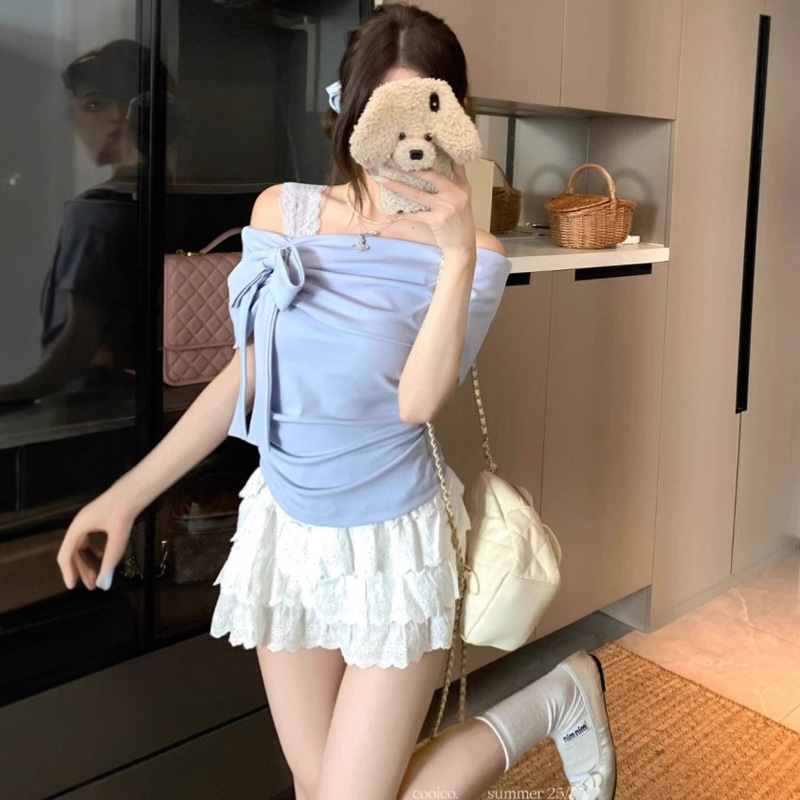 Plus Size Women's One-Shoulder T-Shirt Women's Summer Pure Color Plus Size Fat mm Bow Off-Shoulder Short-Sleeved Sweet Girl Tops for Women Plus Size Women's One-Shoulder T-Shirt Women's Summer Pure Color Plus Size Fat mm Bow Off-Shoulder Short-Sleeved Sweet Girl Tops for Women