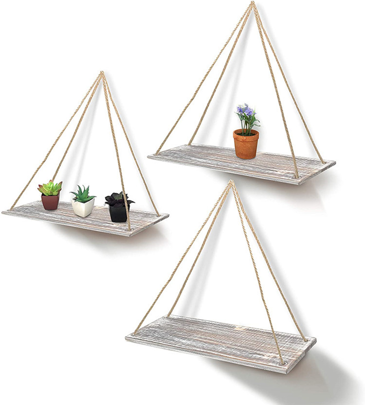 木制农舍 乡村风格绳索吊架 浮动木质装饰墙壁秋千架三个装置物架