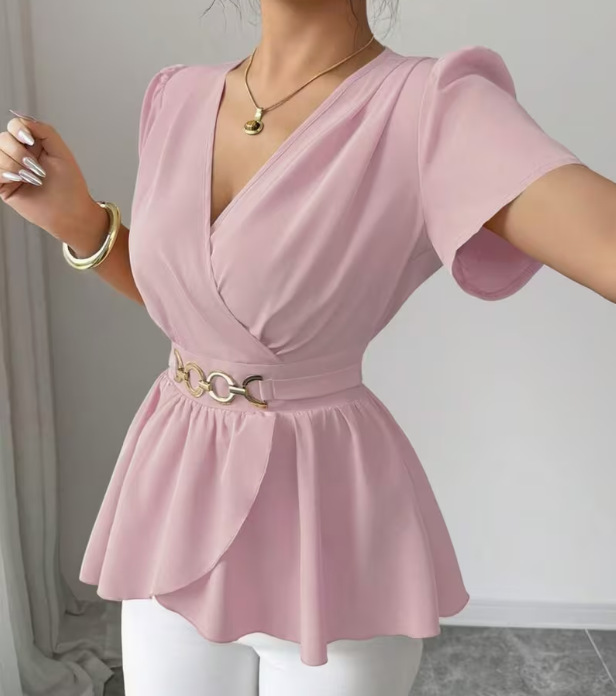 Chemisier luxueux en satin acétate pour femme, col en V, grande taille, ceinture à la taille, effet ventre plat, style estival haut de gamme, blouse décontractée_voghion.com