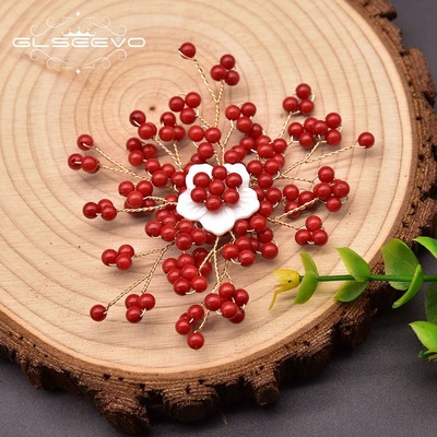 GLSEEVO natural Coral Flower Brooch Original Europe and America Retro manual make Korean Edition high-grade Brooch Accessories