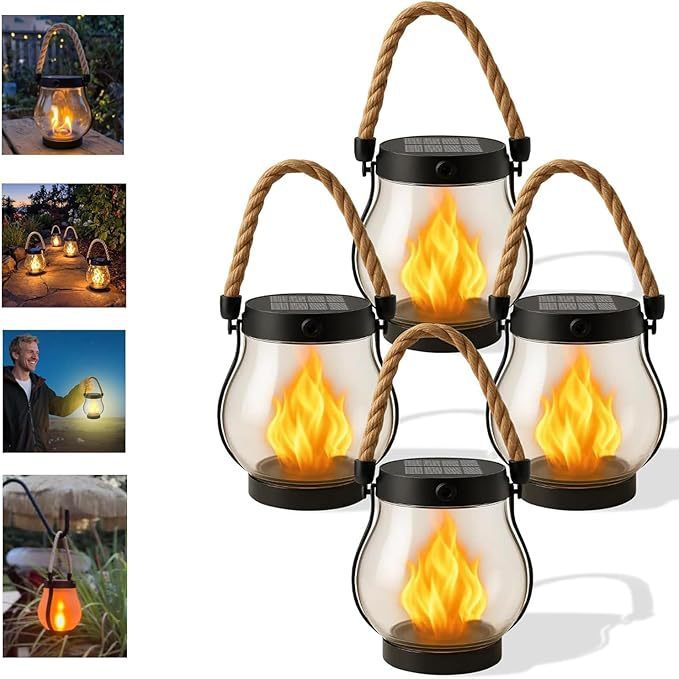 Cross-Border New Solar Flame Lamp Hemp Rope Lantern Courtyard Garden Mason Lamp Outdoor Solar Flame Lantern