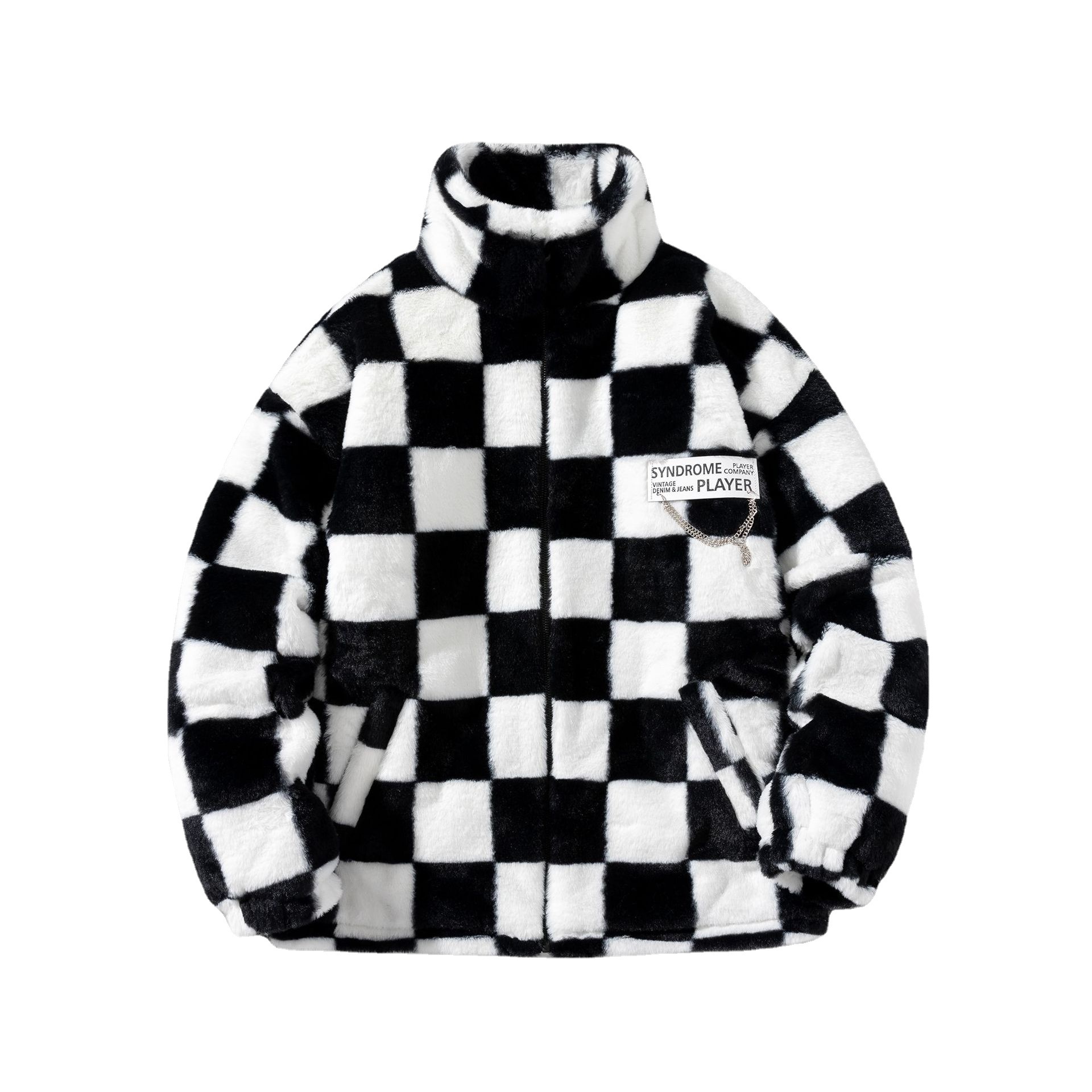 Tablero de ajedrez blanco y negro A cuadros engrosada de piel sintética de conejo abrigo acolchado de algodón de invierno cálido chaqueta acolchada de algodón suelta de longitud media nueva capa acolchada de algodón de las mujeres