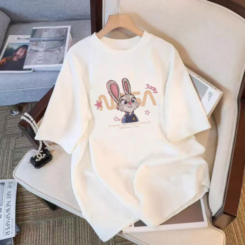 Cartoon Print 100% Cotton Women's Short Sleeve T-Shirt 2025 Summer New Style Stylish Versatile Casual Plus Size Half-Sleeve Top