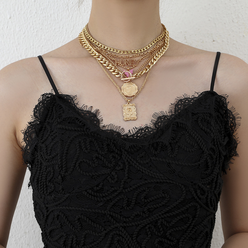 wholesale jewelry butterfly letter flower pendant multi-layer necklace nihaojewelry