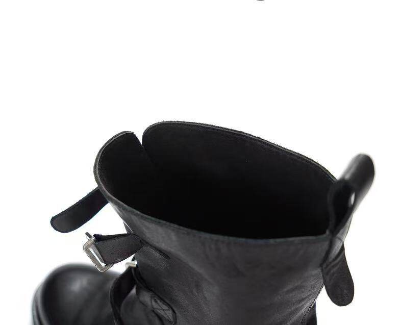Bốt nữ da bò cổ thấp mũi tròn đế dày gót 3-5 cm — màu đen chi tiết 9