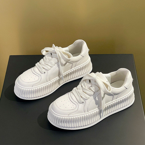 Leather Thick Sole White Women's Shoes 2025 Spring Casual Matchable Sports Plate Shoes Heeled Shoes for Girls Biscuit Shoes