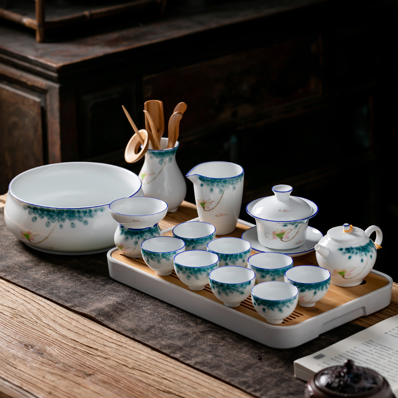 Juego de té de Kung Fu de cerámica de estilo japonés traje de hogar pintado a mano porcelana blanca sancai Tazón de cubierta taza de té tetera