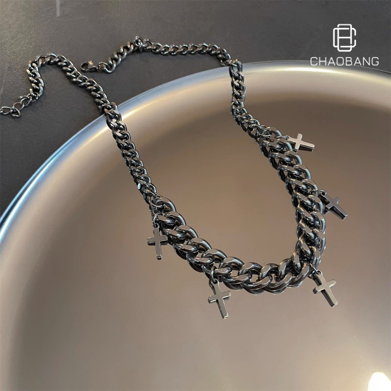 Cross Pendant Cuban Necklace Men's Personality All-match Titanium Steel Woolen Chain Jewelry High-end Sense Yiwu Hot-selling Accessories