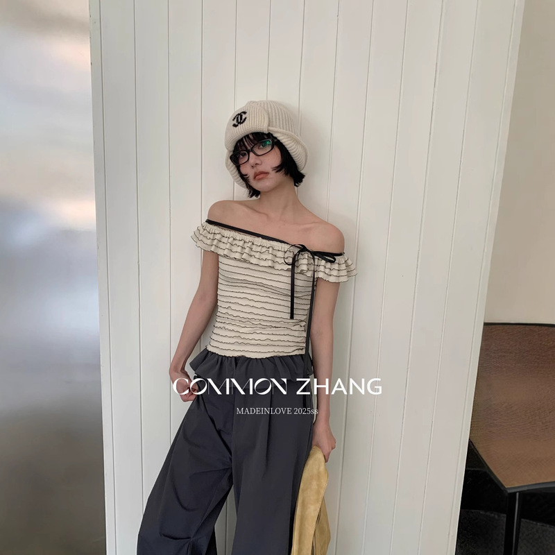 CZ ZHANG Summer French Lace Collar Shoulder Contrast Lace Striped Slim-fit Shirt B23795