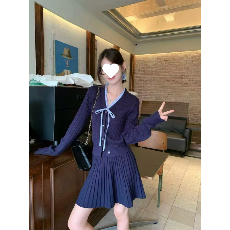 Korean Preppy Style Suit with Fungus Edge Stitching Knitted Cardigan Top Autumn and Winter Pleated Skirt Two-Piece Skirt Set