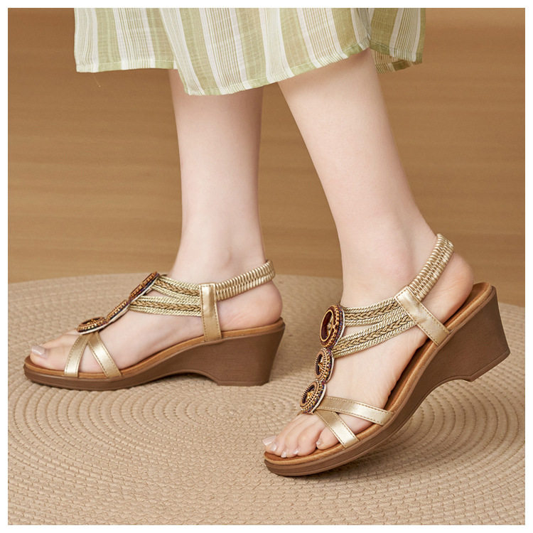 Sandal cao gót nữ phong cách Bohemian đế xuồng, đính đá và dệt kim loại, quai ngang — Champagne màu, màu đen, màu vàng chi tiết 13