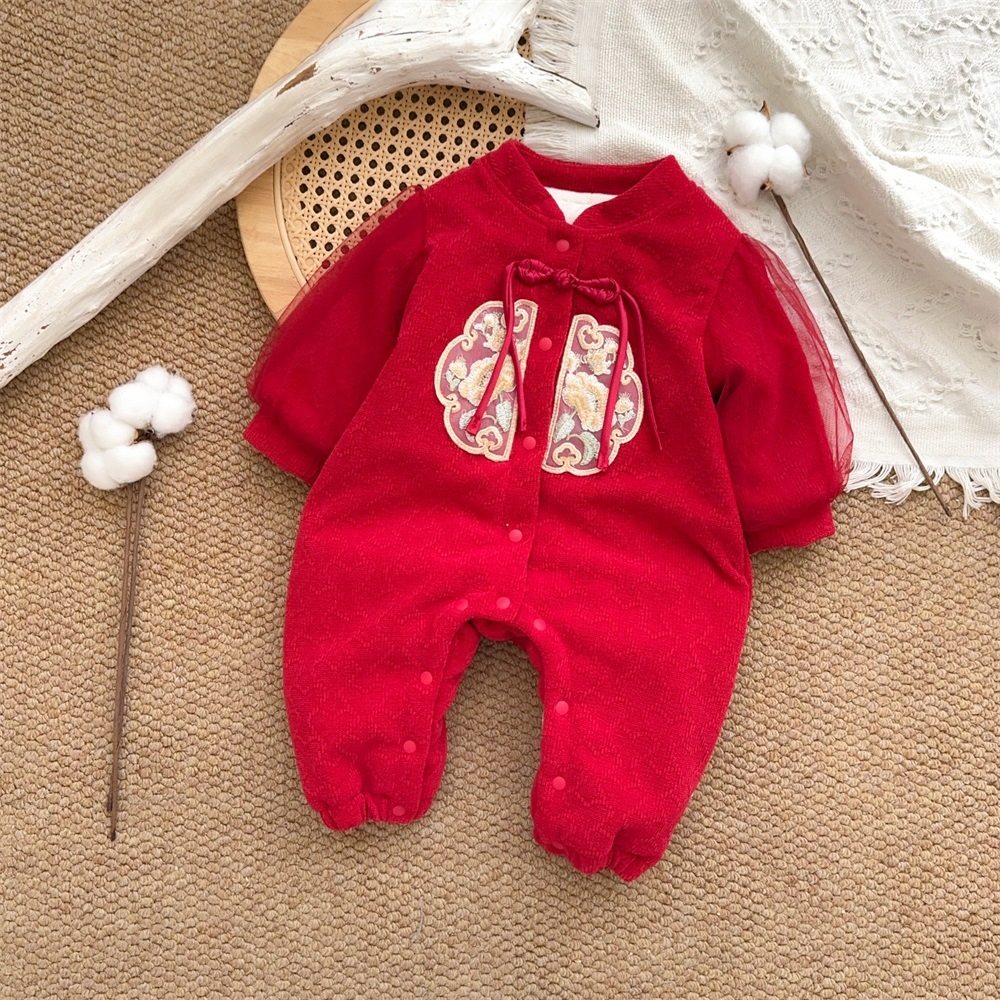 Ropa de bebé de una pieza de otoño e invierno más chaqueta de algodón con clip de terciopelo 0-2 años, luna llena, cien días, mameluco, ropa de Año Nuevo, ropa de fin de año 3