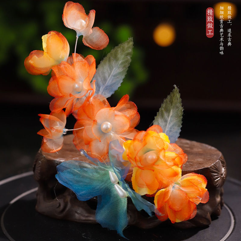Ancient Style Han Dynasty Palace Performance Orange Silk Flower Hairpin Versatile Girl Fairy Hot Lace Hairpin Flower Hairpin Ancient Style Han Dynasty Palace Performance Orange Silk Flower Hairpin Versatile Girl Fairy Hot Lace Hairpin Flower Hairpin