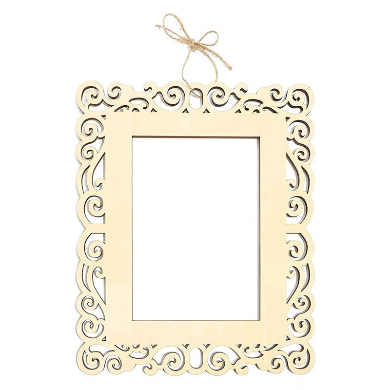 6pcs Wooden Photo Frame Handicraft DIY Wooden Unfinished Hollow Photo Frame with Rope
