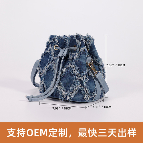 Dotted Mini Tie-Dye Denim Bucket Bag Cross-Border Amazon New Women's Crossbody Bag with Drawstring Fringe Handbag Wholesale