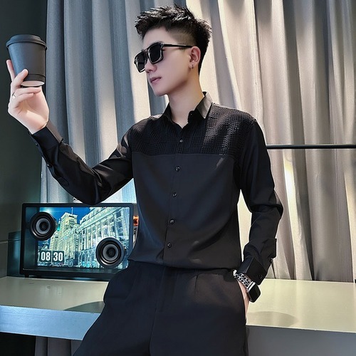 Men's Long-Sleeve High-End Autumn/Winter Collar Shirt, Trendy Bad Boy Hairstylist Top, Casual Upper Shirt