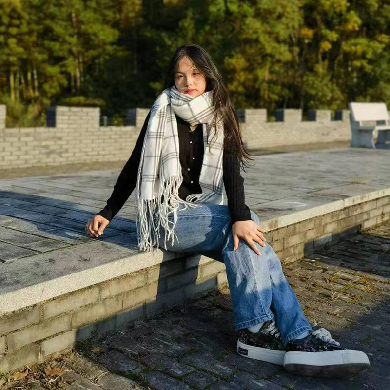 가을 겨울 모조 캐시미어 스카프 체크 수술 숄 가벼운 사치풍 보온 백합 학
