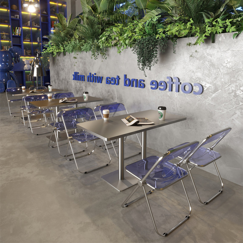 Industrial Style Cafe Stainless Steel Transparent Folding Chairs Trendy Milk Tea Dessert Shop Bakery Cake Shop Table and Chair Set Industrial Style Cafe Stainless Steel Transparent Folding Chairs Trendy Milk Tea Dessert Shop Bakery Cake Shop Table and Chair Set