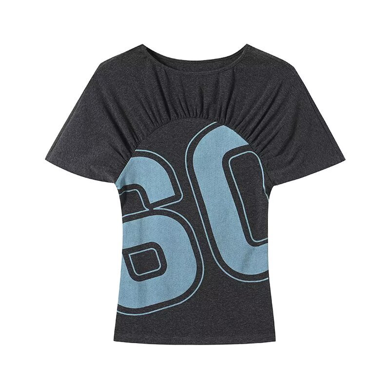 Cross-Border Women's Clothing 2026 Summer New Style European and American Style Casual Fashion Versatile Round Neck Pleated Short Sleeves Cross-Border Women's Clothing 2026 Summer New Style European and American Style Casual Fashion Versatile Round Neck Pleated Short Sleeves