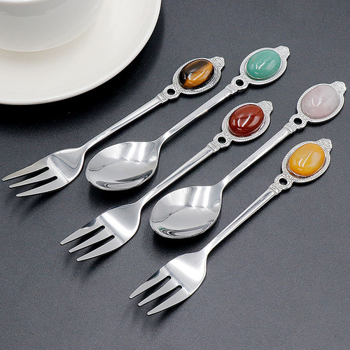 Cross-border new product Crystal Agate Mini Jade Spoons and Forks Tiger Eye Mixing Spoons Creative Gift Live Streaming Wholesale