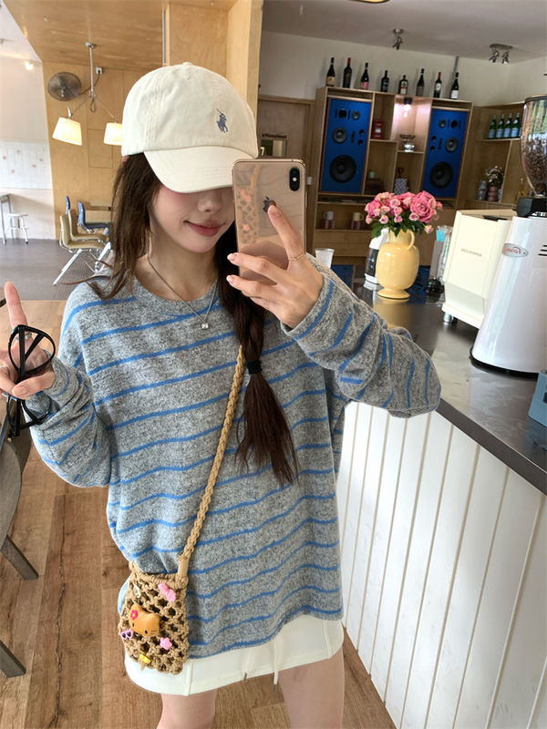 韩系慵懒风条纹圆领长袖T恤女2025秋季新款宽松百搭大码休闲上衣|undefined