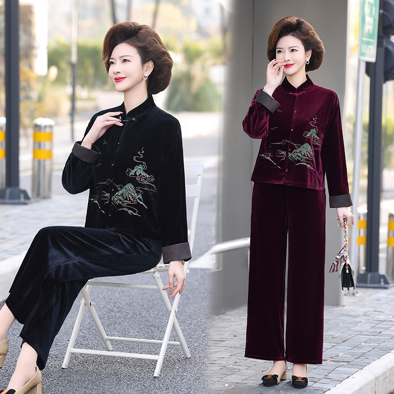 中年妈妈秋装套装洋气中老年金丝绒上衣服春秋季新中式国风外套女|undefined