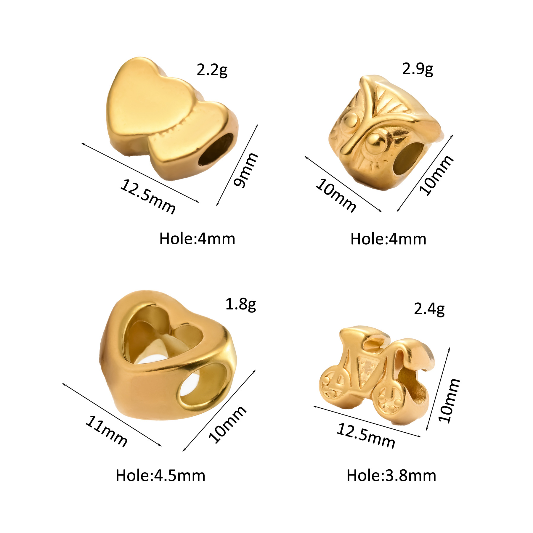 16g Weight PVD Coated Gold Plating Process 5 PCS/Package 304 Stainless Steel Heart Shape Owl DIY Jewelry Accessories Beads