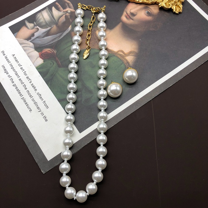 Earrings + Necklace Quantity Wholesale Jewelry Retro Solid Color Imitation Pearl Alloy Plating Earrings Necklace